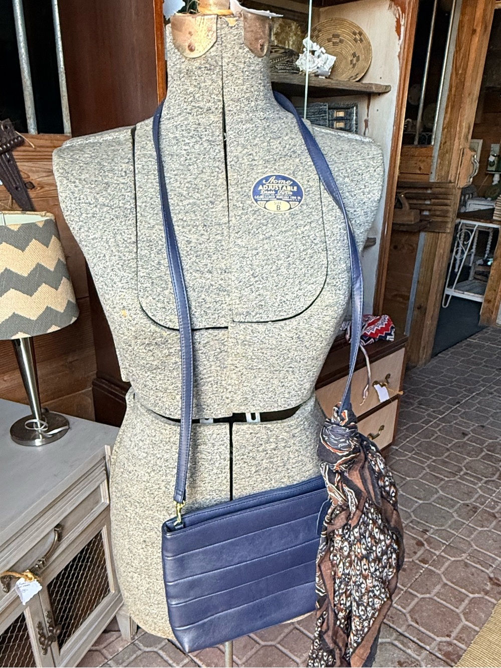 Vintage Navy Cabin Creek Leather Purse With Scarf Accent